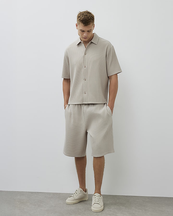 Beige Boxy Fit Chunky Plisse Revere Shirt