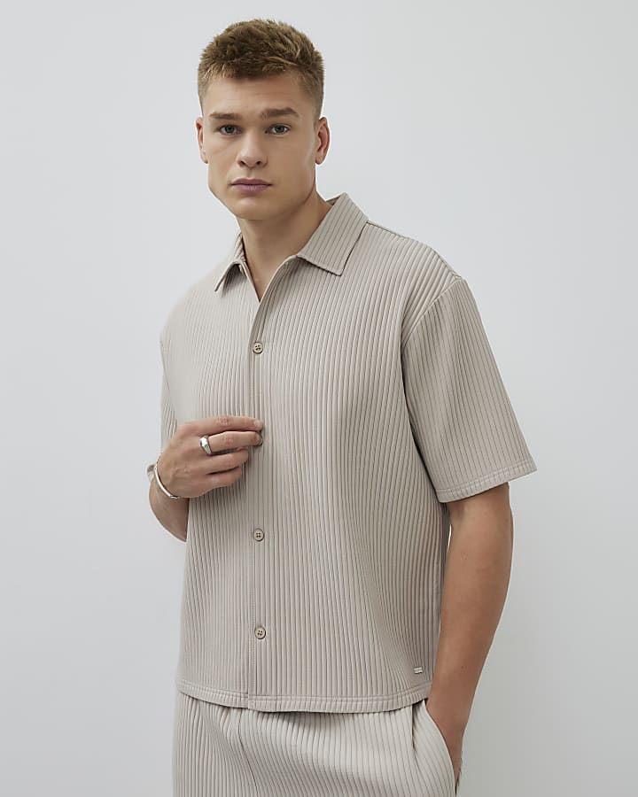 Beige Boxy Fit Chunky Plisse Revere Shirt