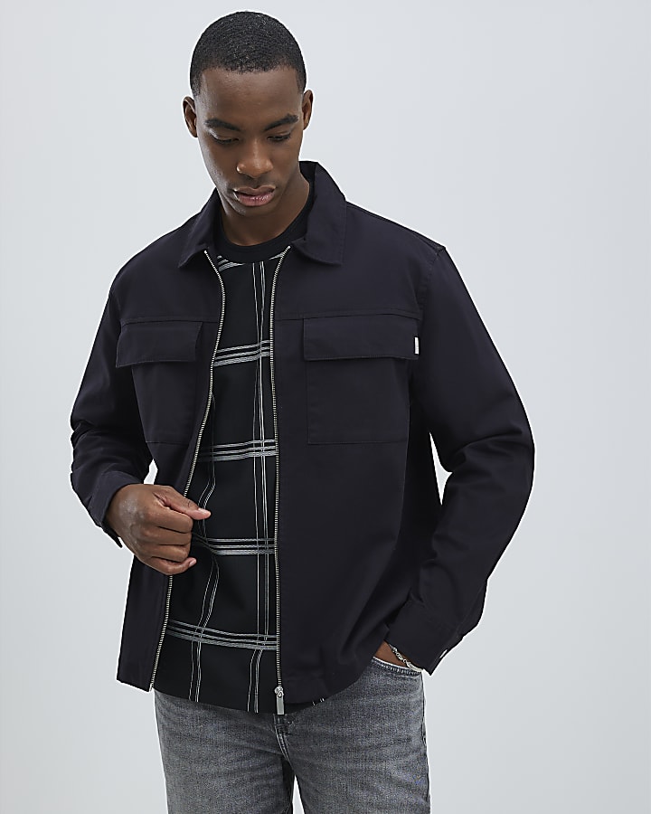 Black Regular Fit Zipped Overshirt