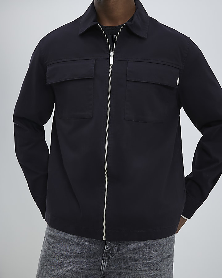 Black Regular Fit Zipped Overshirt
