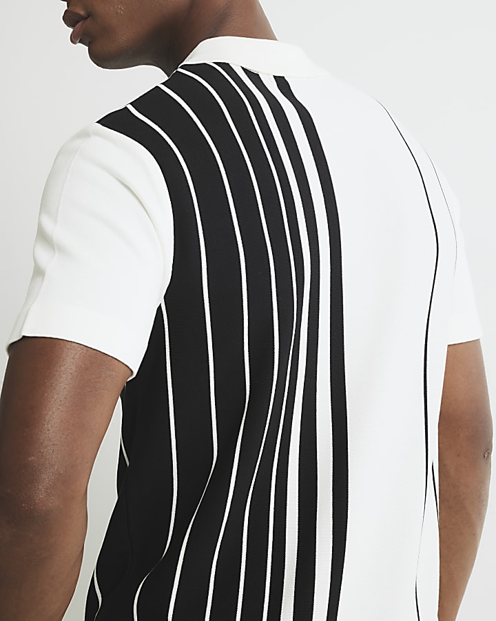 Black Striped Splice Zip Polo Shirt