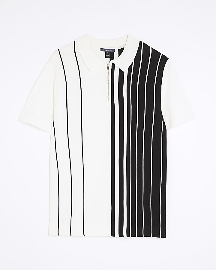 Black Striped Splice Zip Polo Shirt