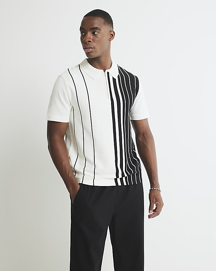 Black Striped Splice Zip Polo Shirt