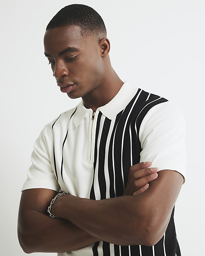Black Striped Splice Zip Polo Shirt