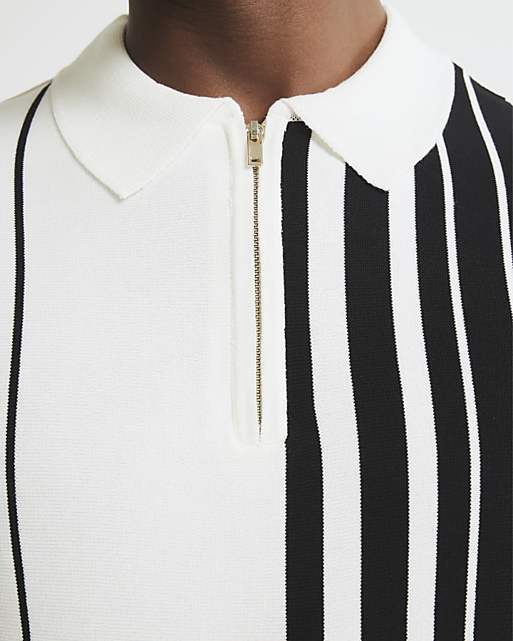 Black Striped Splice Zip Polo Shirt