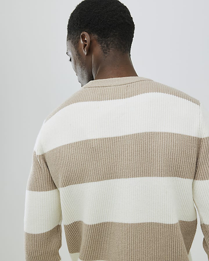 Cream Slim Fit Stripe Rib Blocked Jumper