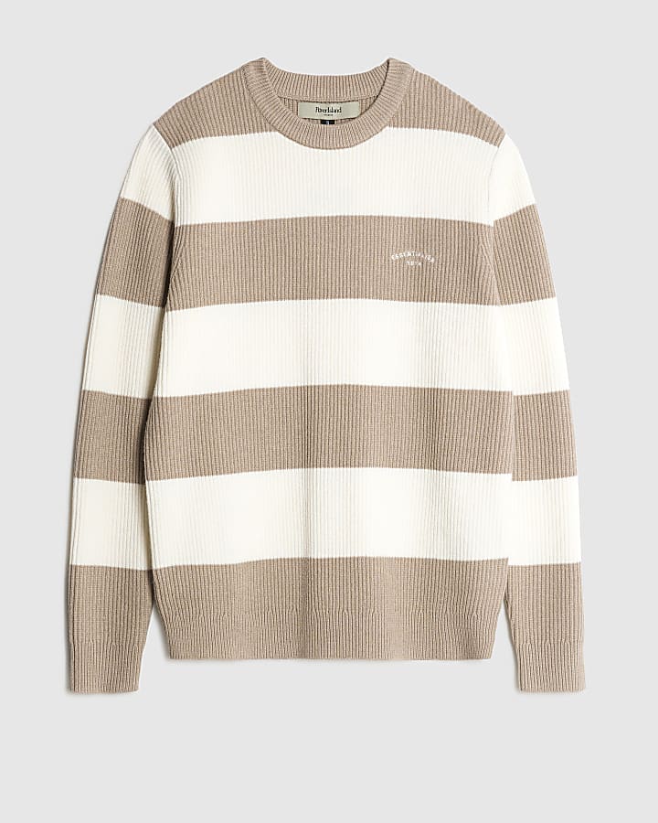 Cream Slim Fit Stripe Rib Blocked Jumper
