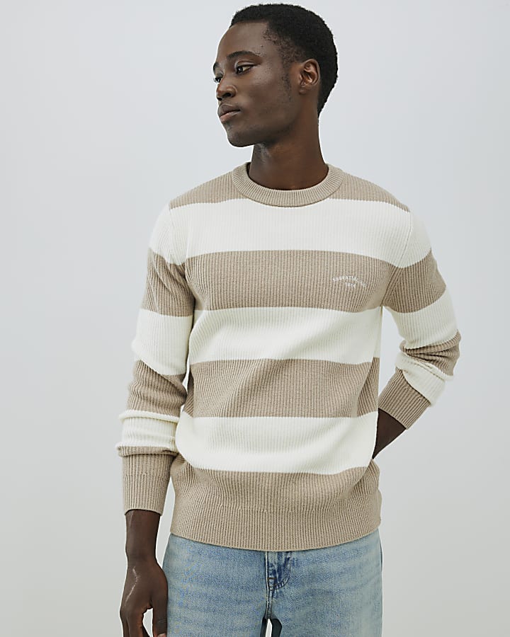 Cream Slim Fit Stripe Rib Blocked Jumper