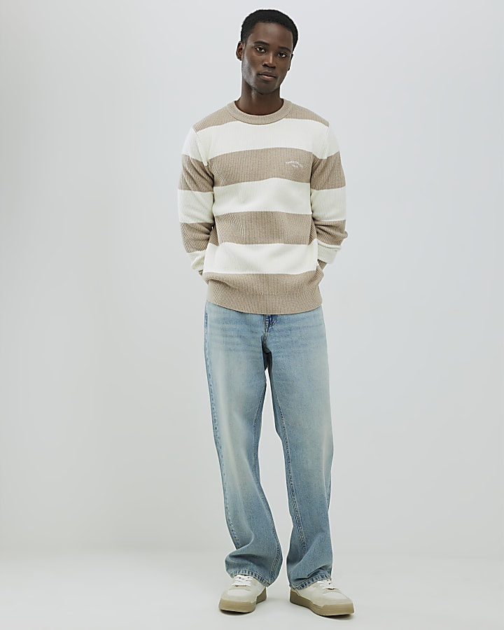 Cream Slim Fit Stripe Rib Blocked Jumper