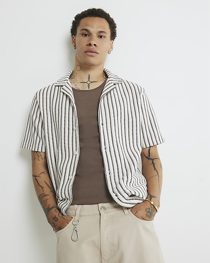 Cream Regular Fit Stripe Textured Shirt