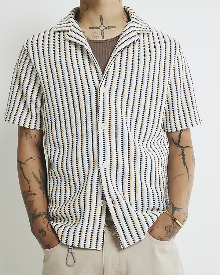 Cream Regular Fit Stripe Textured Shirt