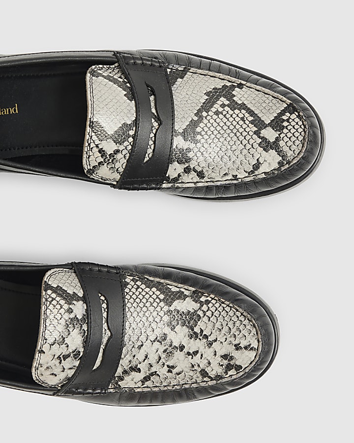 Black Leather Snake Print Loafers