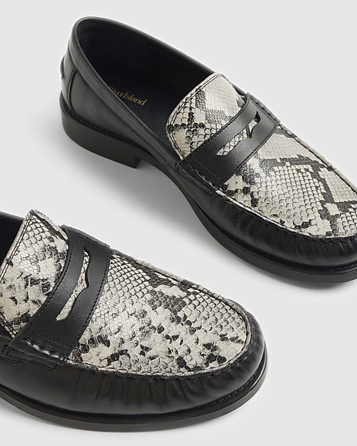 Black Leather Snake Print Loafers