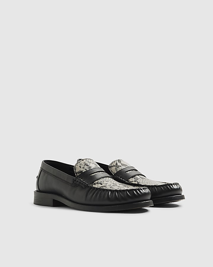 Black Leather Snake Print Loafers