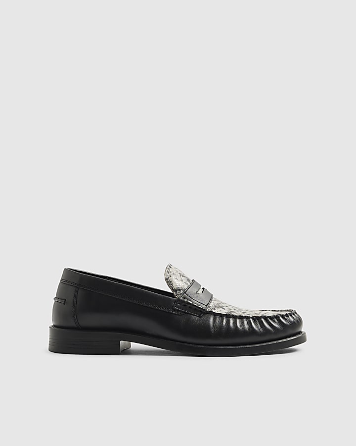 Black Leather Snake Print Loafers