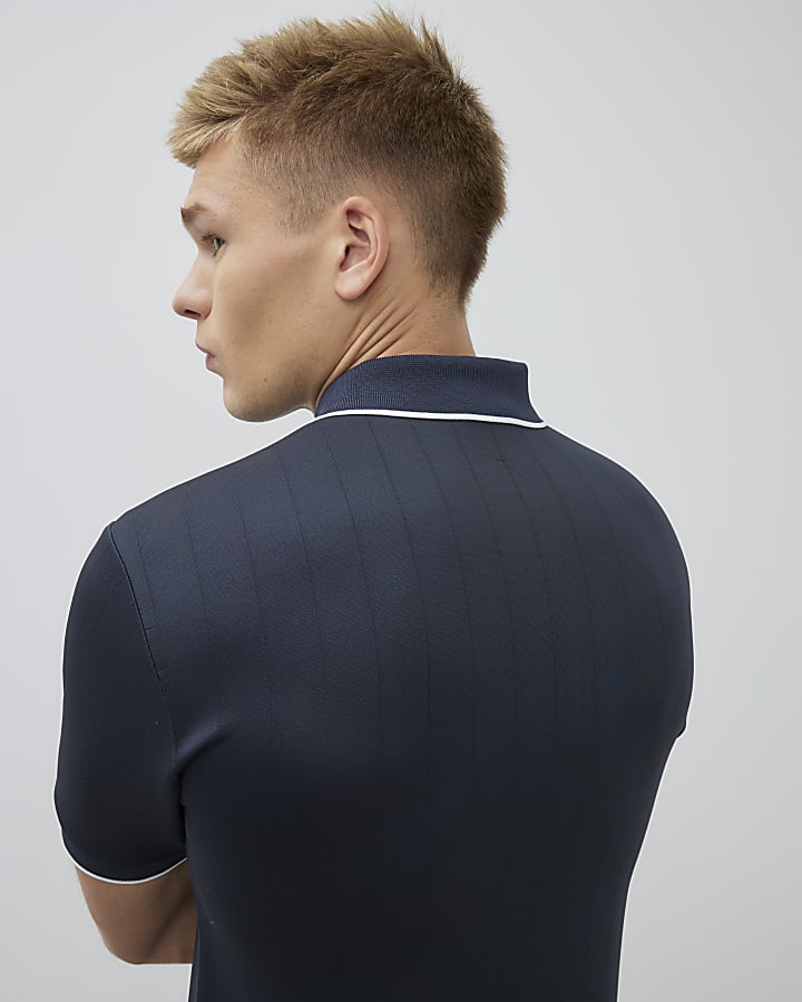 Navy Muscle Fit Les Amis Stripe Polo Shirt