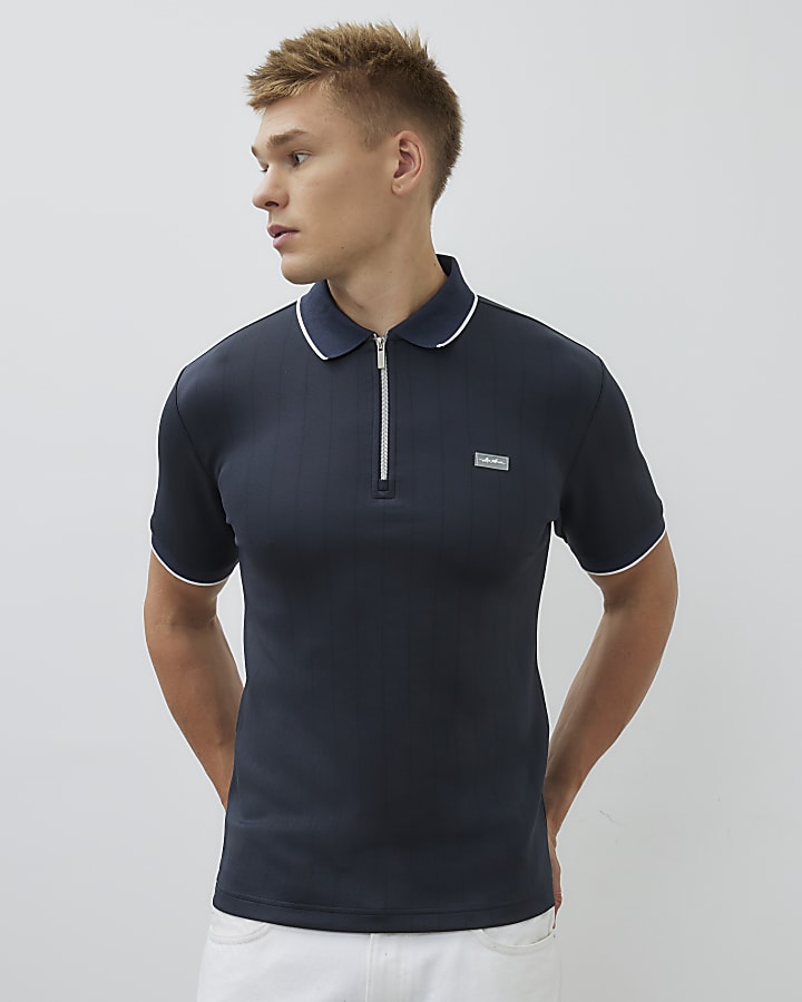 Navy Muscle Fit Les Amis Stripe Polo Shirt