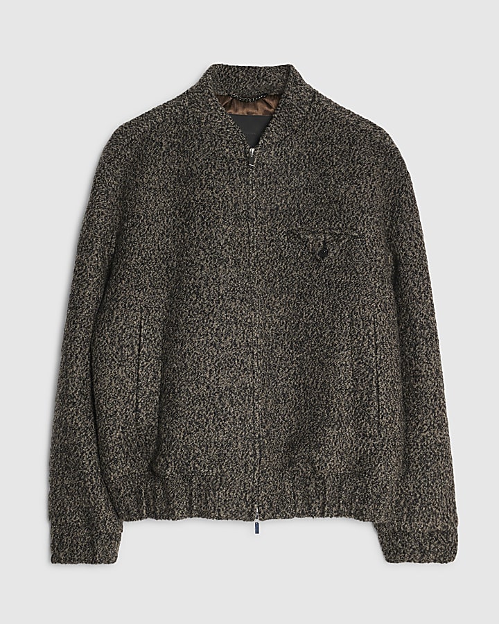 Brown Boucle Wool Bomber Jacket