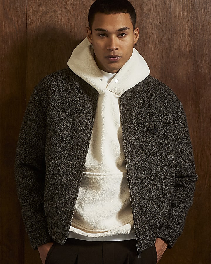 Brown Boucle Wool Bomber Jacket