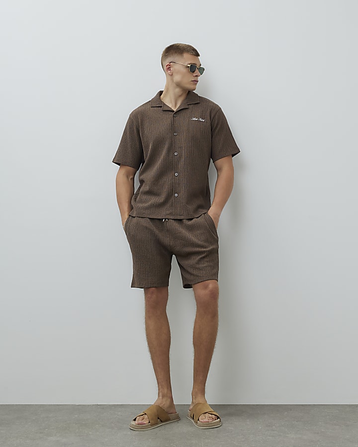 Brown Regular Fit Plisse Revere Shirt