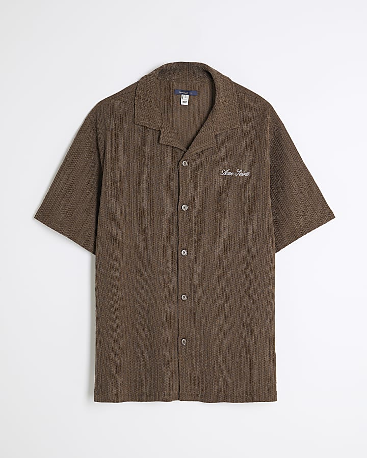 Brown Regular Fit Plisse Revere Shirt