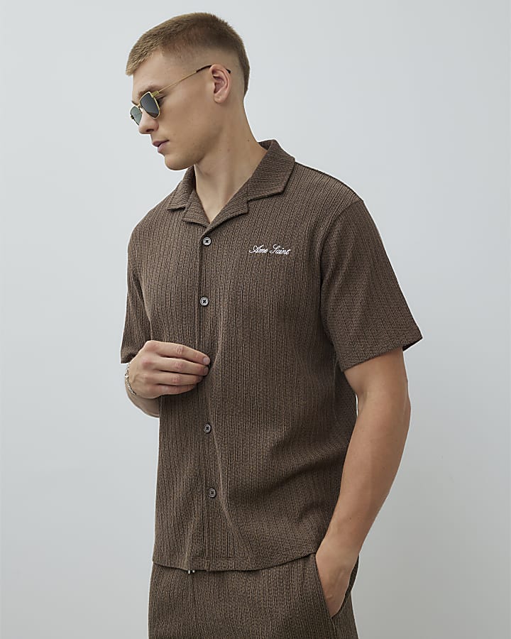 Brown Regular Fit Plisse Revere Shirt