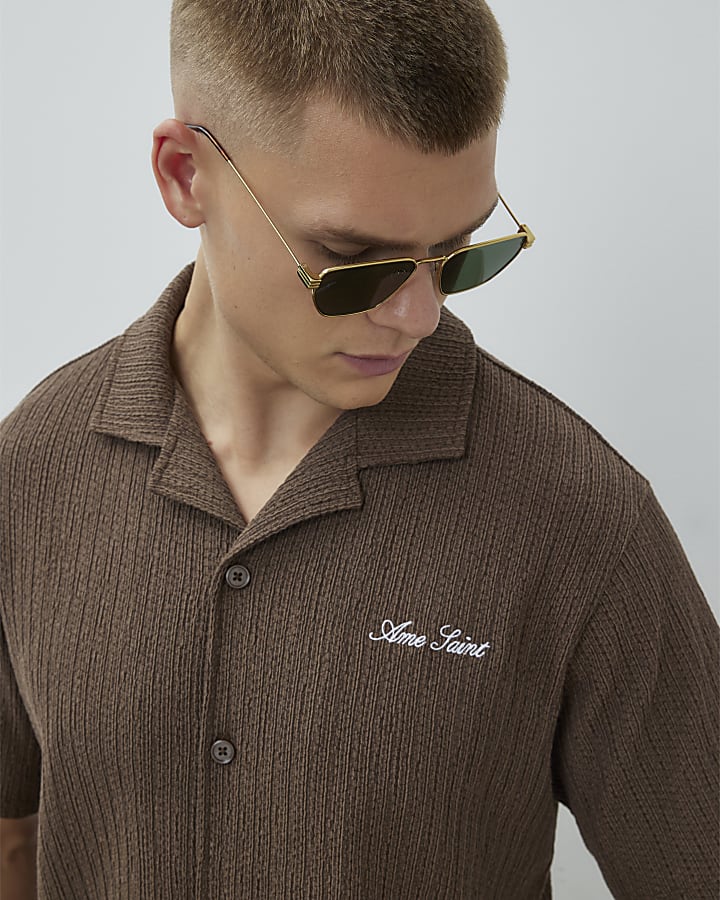 Brown Regular Fit Plisse Revere Shirt