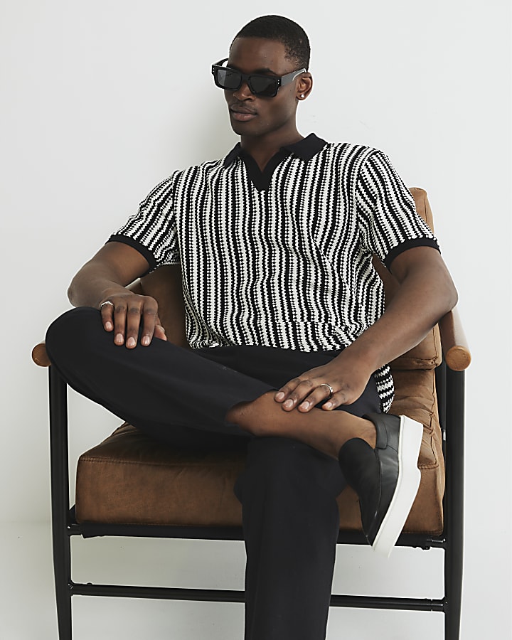 Black Textured Stripe Open Neck Polo Shirt