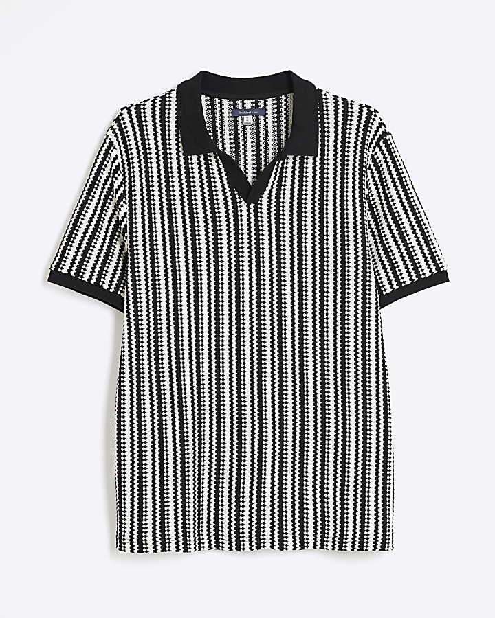 Black Textured Stripe Open Neck Polo Shirt