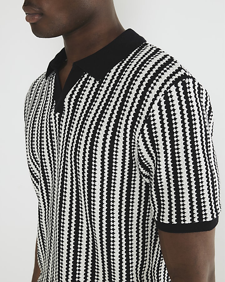 Black Textured Stripe Open Neck Polo Shirt