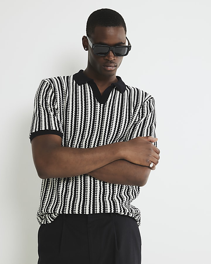 Black Textured Stripe Open Neck Polo Shirt