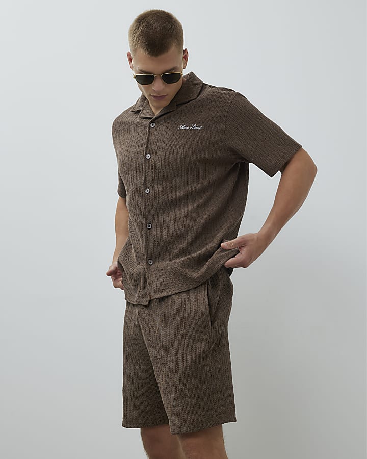 Brown Regular Fit Plisse Shorts