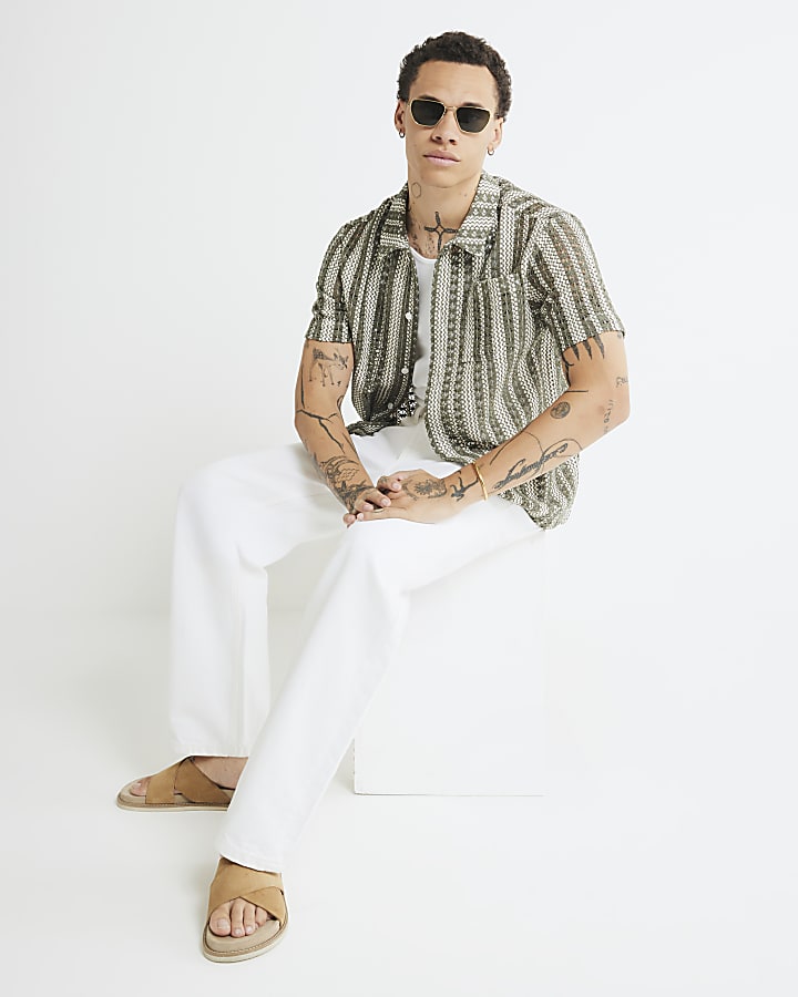 Khaki Regular Fit Striped Crochet Shirt