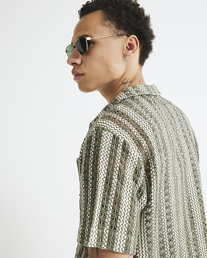 Khaki Regular Fit Striped Crochet Shirt