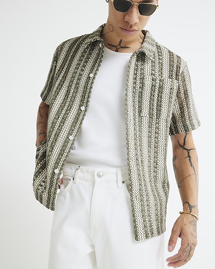 Khaki Regular Fit Striped Crochet Shirt
