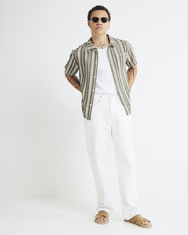 Khaki Regular Fit Striped Crochet Shirt
