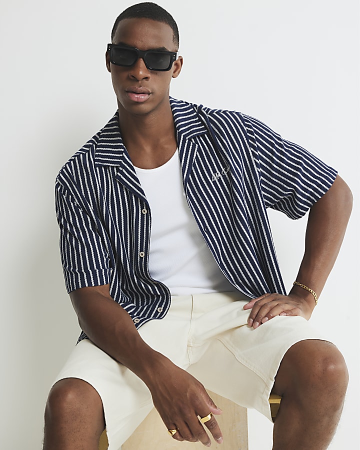 Navy Regular Fit Textured Stripe Shirt