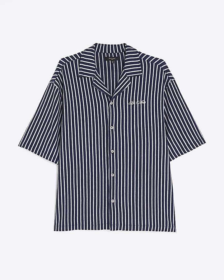 Navy Regular Fit Textured Stripe Shirt