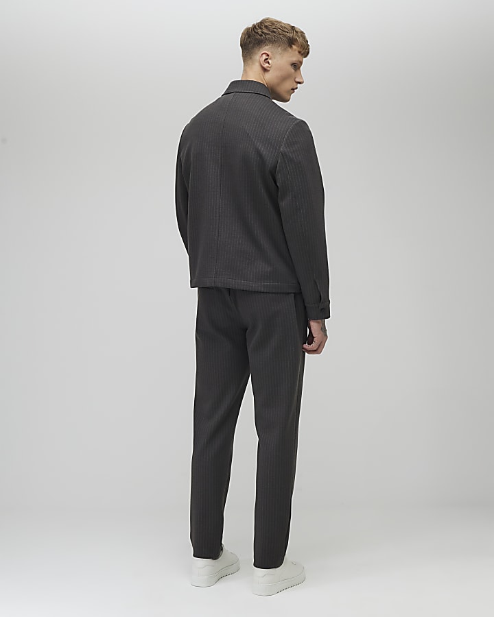 Grey Slim Fit Striped Smart Trousers