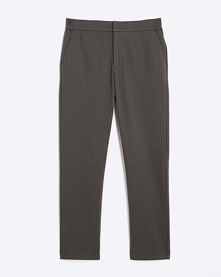 Grey Slim Fit Striped Smart Trousers