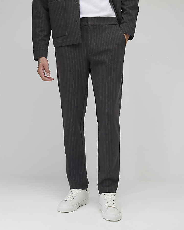 Grey Slim Fit Striped Smart Trousers