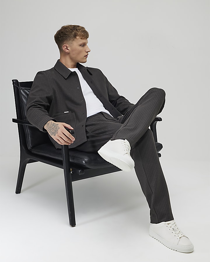 Grey Slim Fit Striped Smart Trousers