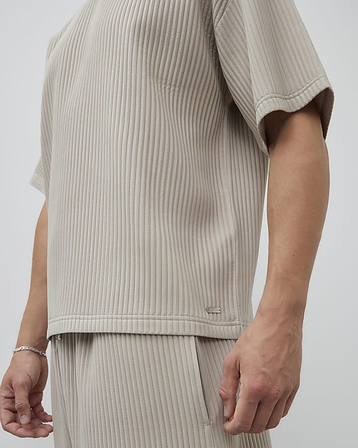 Beige Oversized Fit Plisse T-shirt
