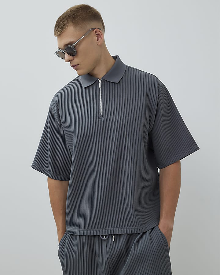 Grey Oversized Fit Plisse Polo Shirt
