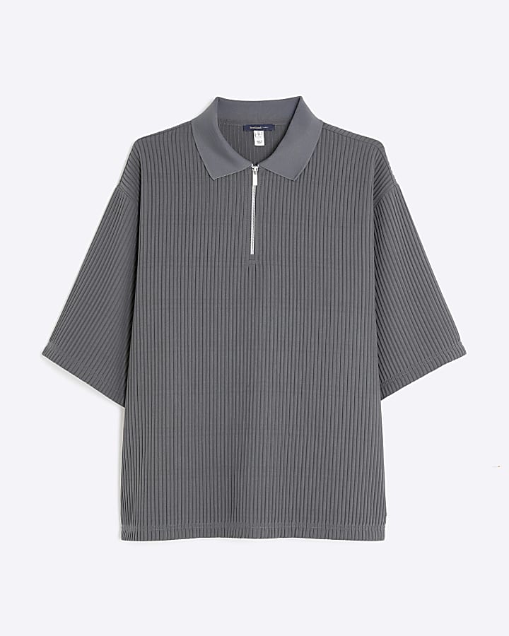 Grey Oversized Fit Plisse Polo Shirt