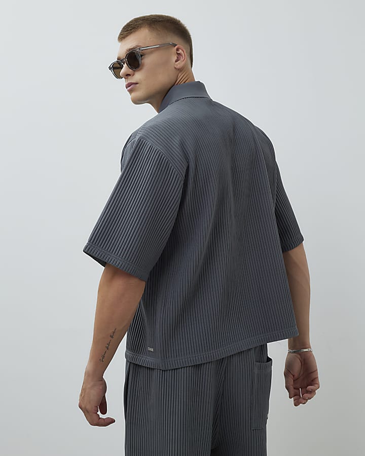 Grey Oversized Fit Plisse Polo Shirt