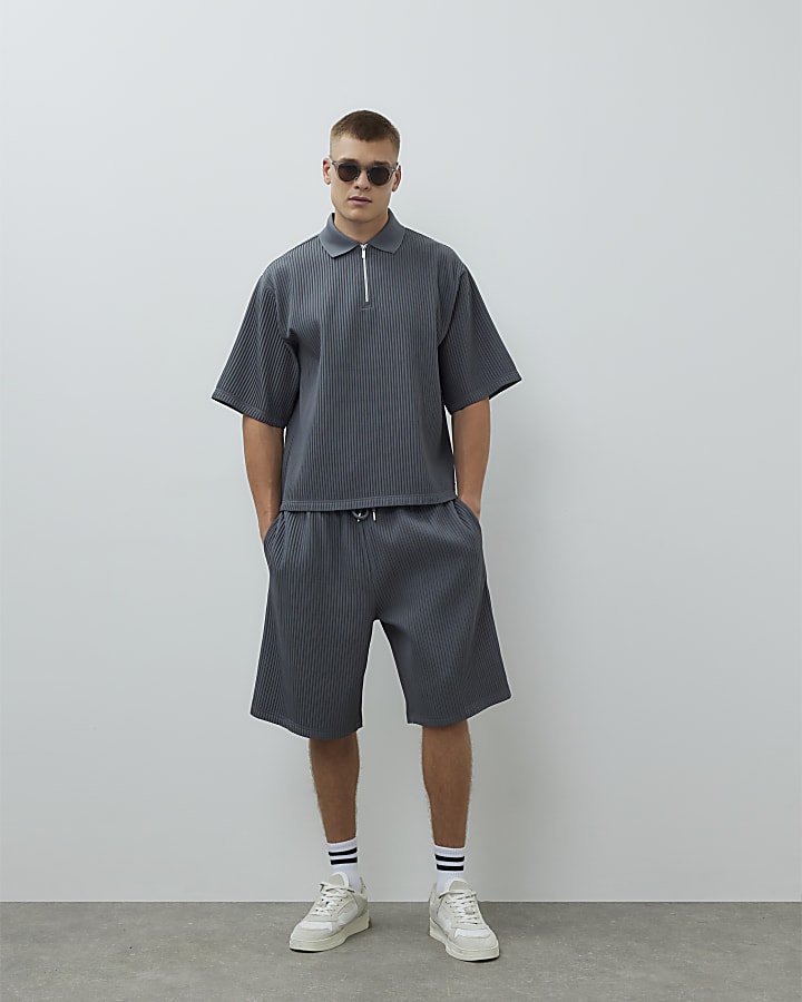 Grey Oversized Fit Plisse Polo Shirt