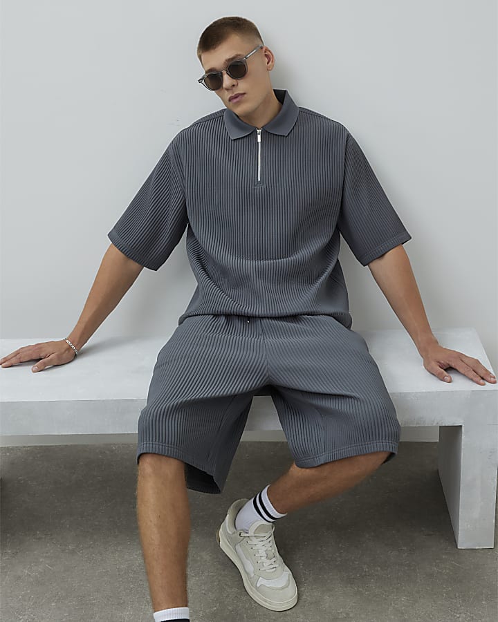 Grey Oversized Fit Plisse Shorts