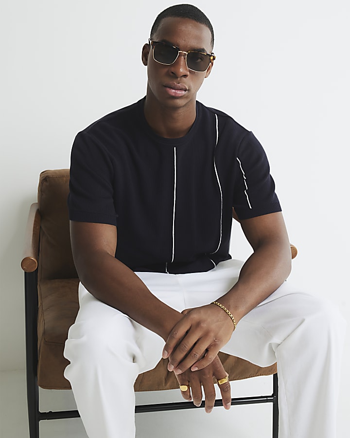 Navy Slim Fit Splice Stripe T-Shirt