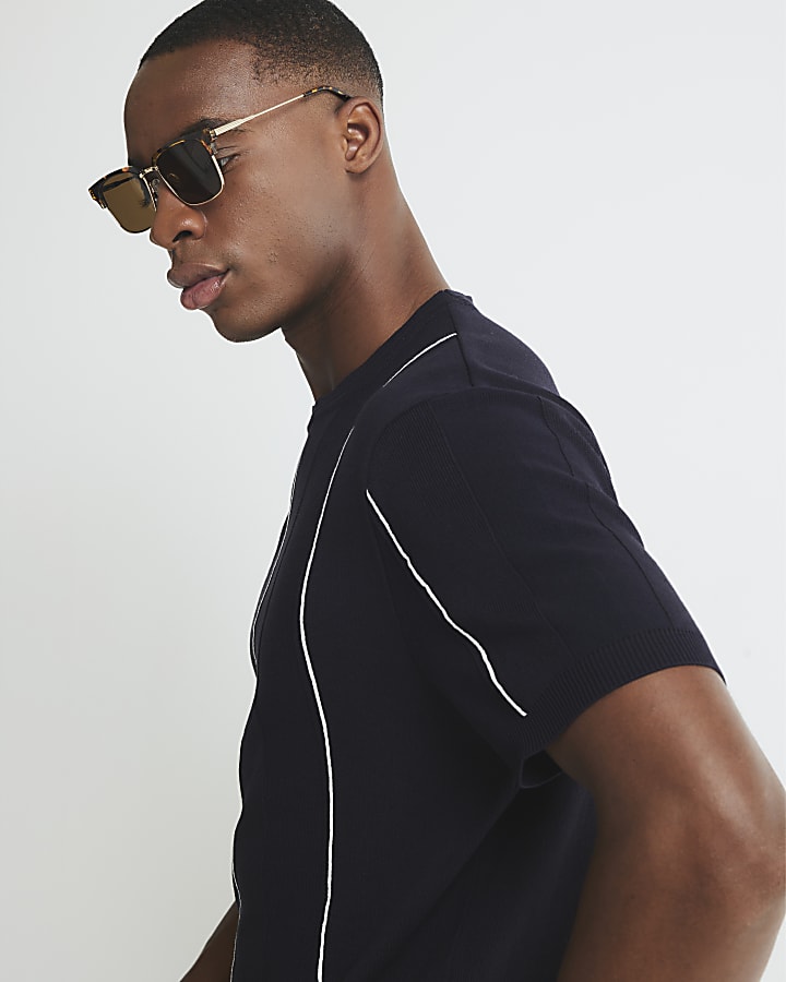Navy Slim Fit Splice Stripe T-Shirt